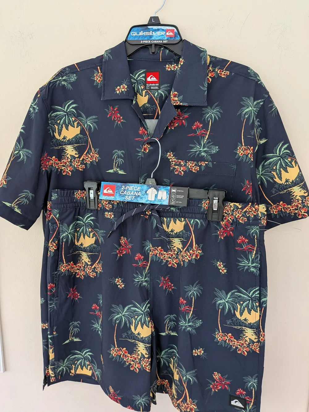 NWT Quiksilver 2-Piece Cabana Set Men’s L Navy Tropical Shirt Shorts